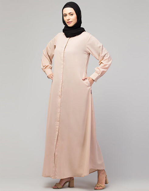 Trendy Basic abaya with front opening and hidden placket in the Shade  Skin